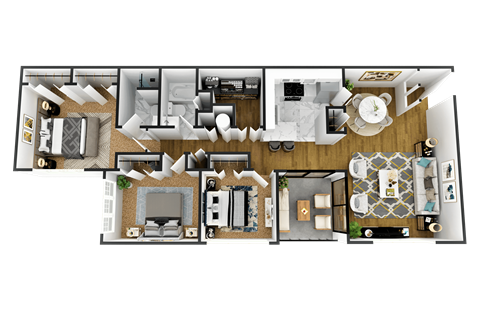 3d furnished floor plan of a 1 bedroom apartment